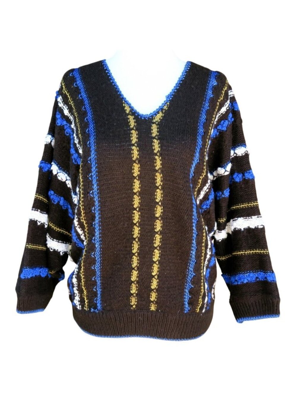 Rainbow Ridge Knit Pullover V-Neck Sweater Vintage 80s Vertical Stripes Large